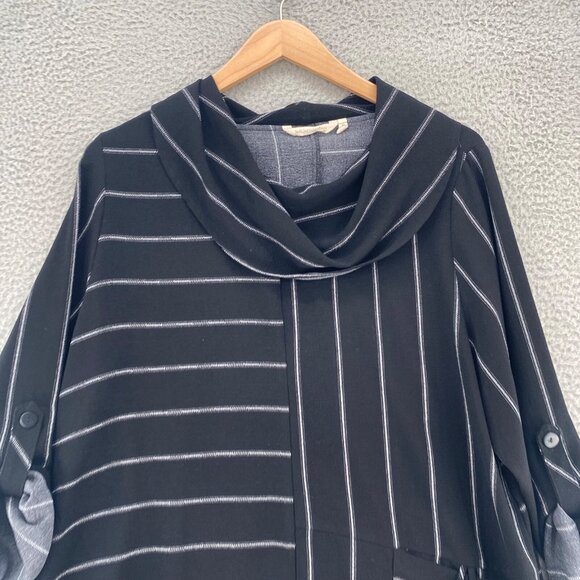Soft Surroundings Top Womens 1X Plus Black Striped Cowl Neck Roll Tab Sleeves - Picture 2 of 11